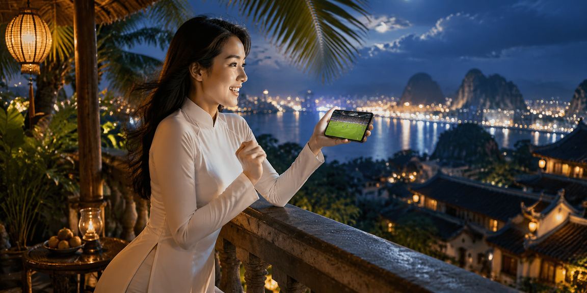 Người phụ nữ mặc áo dài tại Ninh Bình theo dõi kết quả cược thể thao trên điện thoại